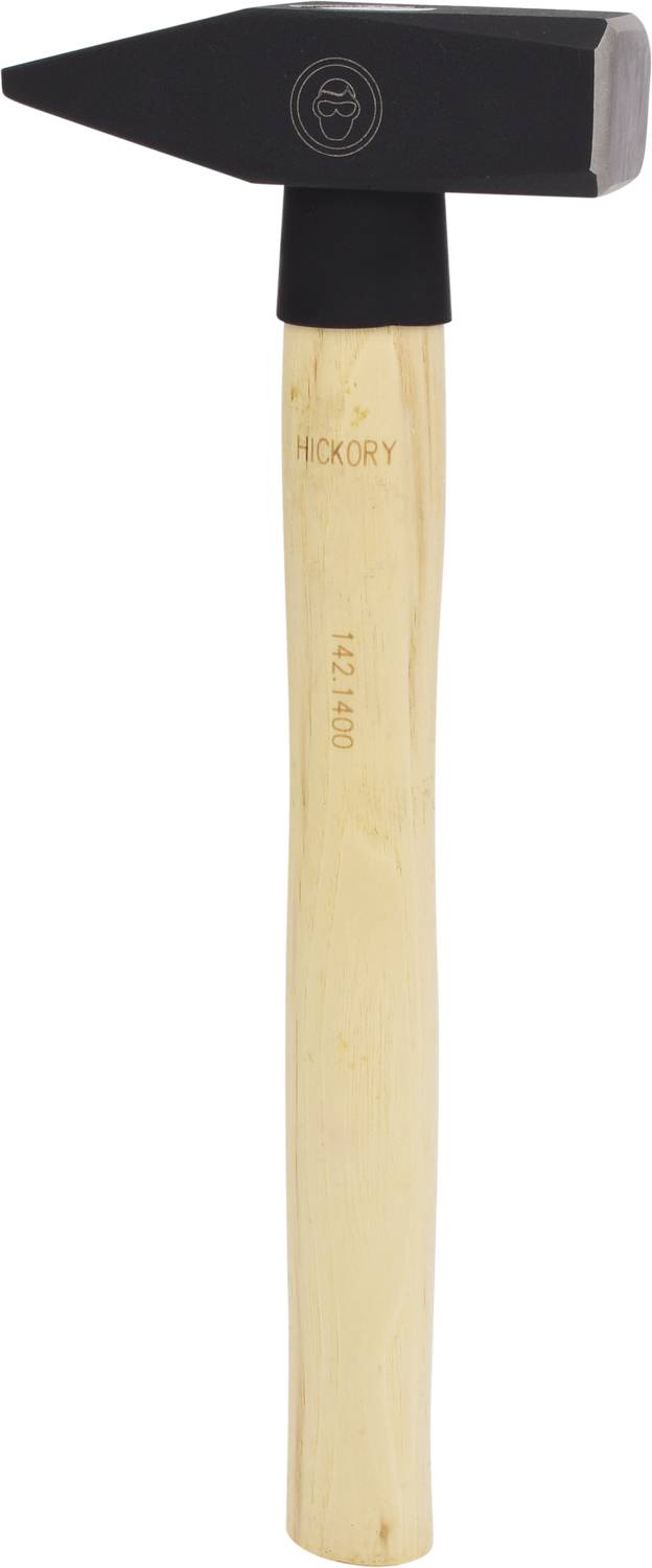 'Stahl-Schlosserhammer mit Holzgriff, Beschriftung 'Hickory' auf dem Griff.'
