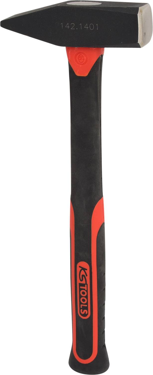 Ein Hammer mit schwarzem Kopf und rotem Griff wird gezeigt. Die Zahl '142.1401' ist auf den Kopf des Hammers eingraviert.