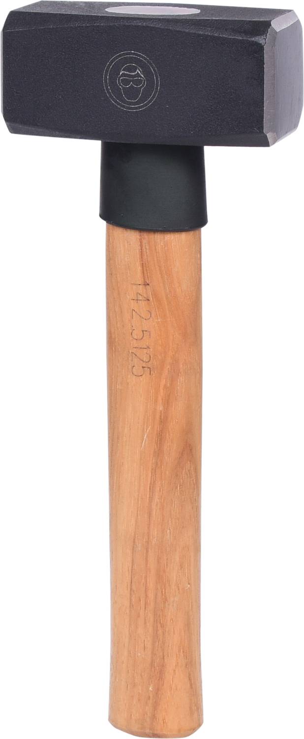 Ein schwarzer Hammer mit Holzgriff, geeignet für handwerkliche Arbeiten. Maße sind auf dem Griff notiert, Kopf aus Metall.