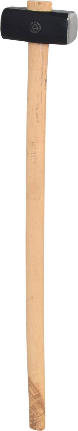 Ein Vorschlaghammer mit einem langen Holzstiel und einem schweren, metallischen Doppelkopf.