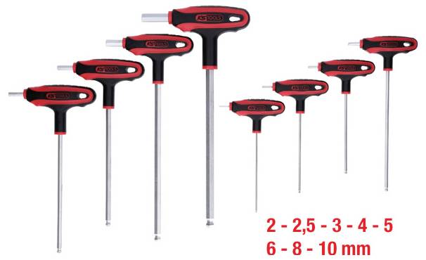 Ein Satz von acht T-Griff-Sechskantschlüsseln in verschiedenen Größen von 2 mm bis 10 mm, in einer Reihe angeordnet mit roten und schwarzen Griffen.
