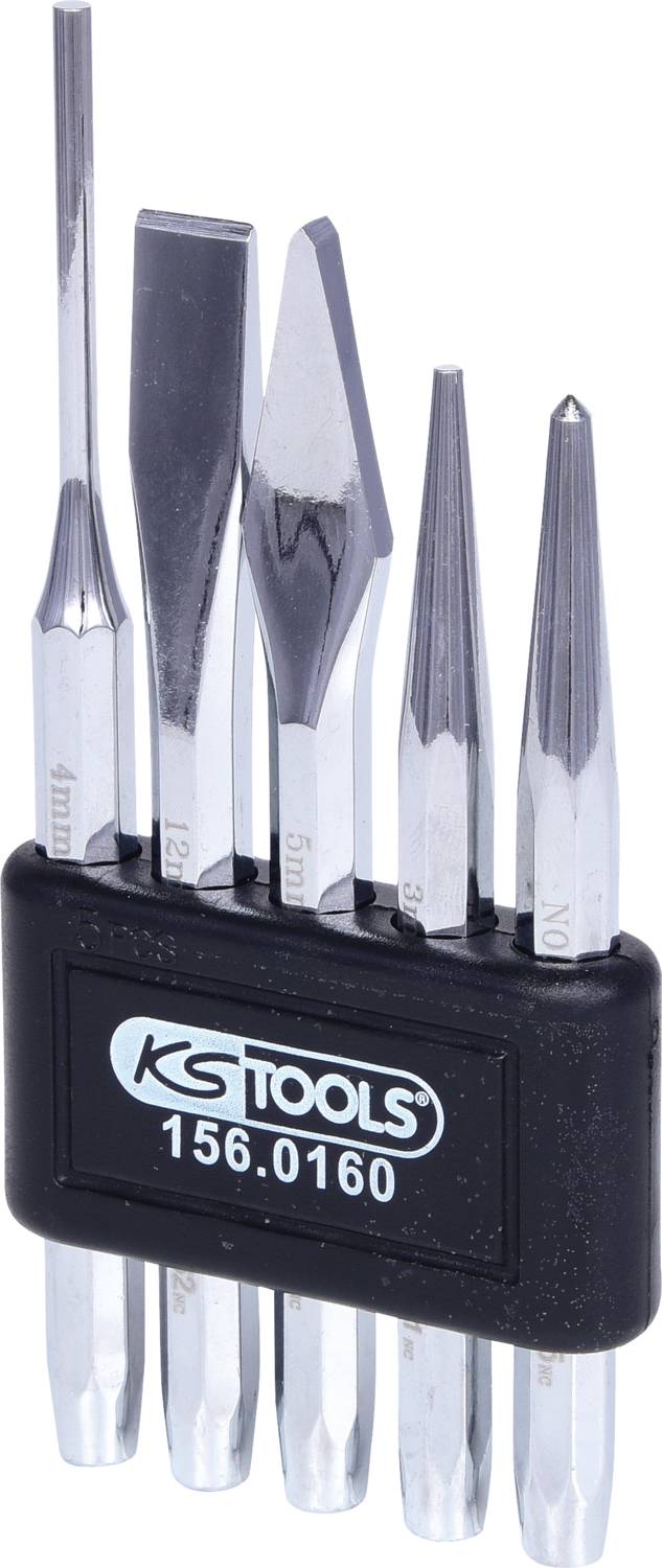 Ein Set aus fünf verschiedenen Stemmeisen in einem schwarzen Halter, mit 'KS TOOLS 156.0160' auf dem Halter.