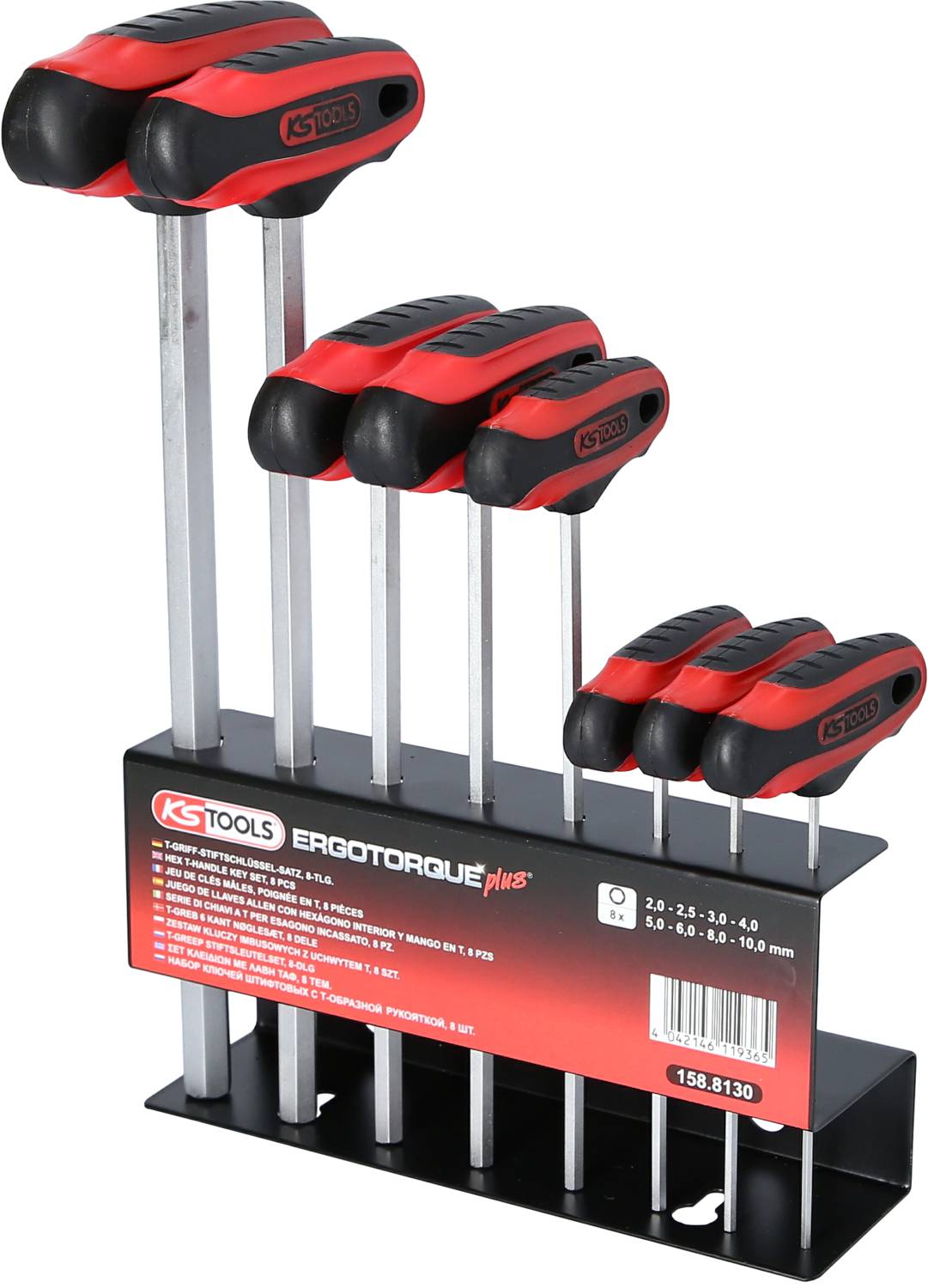 Ein Satz roter und schwarzer Schraubendreher in einem Ständer. Sechs verschieden lange Schraubendreher mit ergonomischen Griffen.