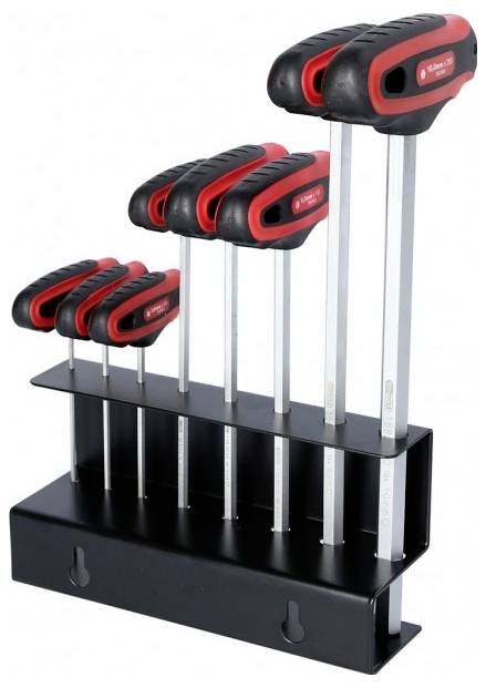 Ein Satz von sechs roten und schwarzen Sechskantschlüsseln mit Griffen, die in einem schwarzen Halter präsentiert werden.