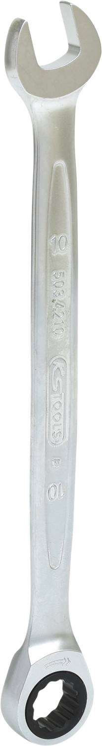 Ein silberner Schraubenschlüssel, oben mit offener Maulöffnung, unten mit geschlossener Sechskantaufnahme. Geeignet für Mechanik.