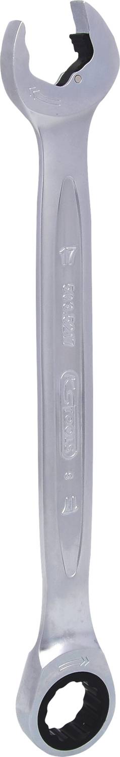 Ein silberner Schraubenschlüssel mit offener und Ratschen-Ringseite, geeignet für hochwertige Hardware-Arbeiten.