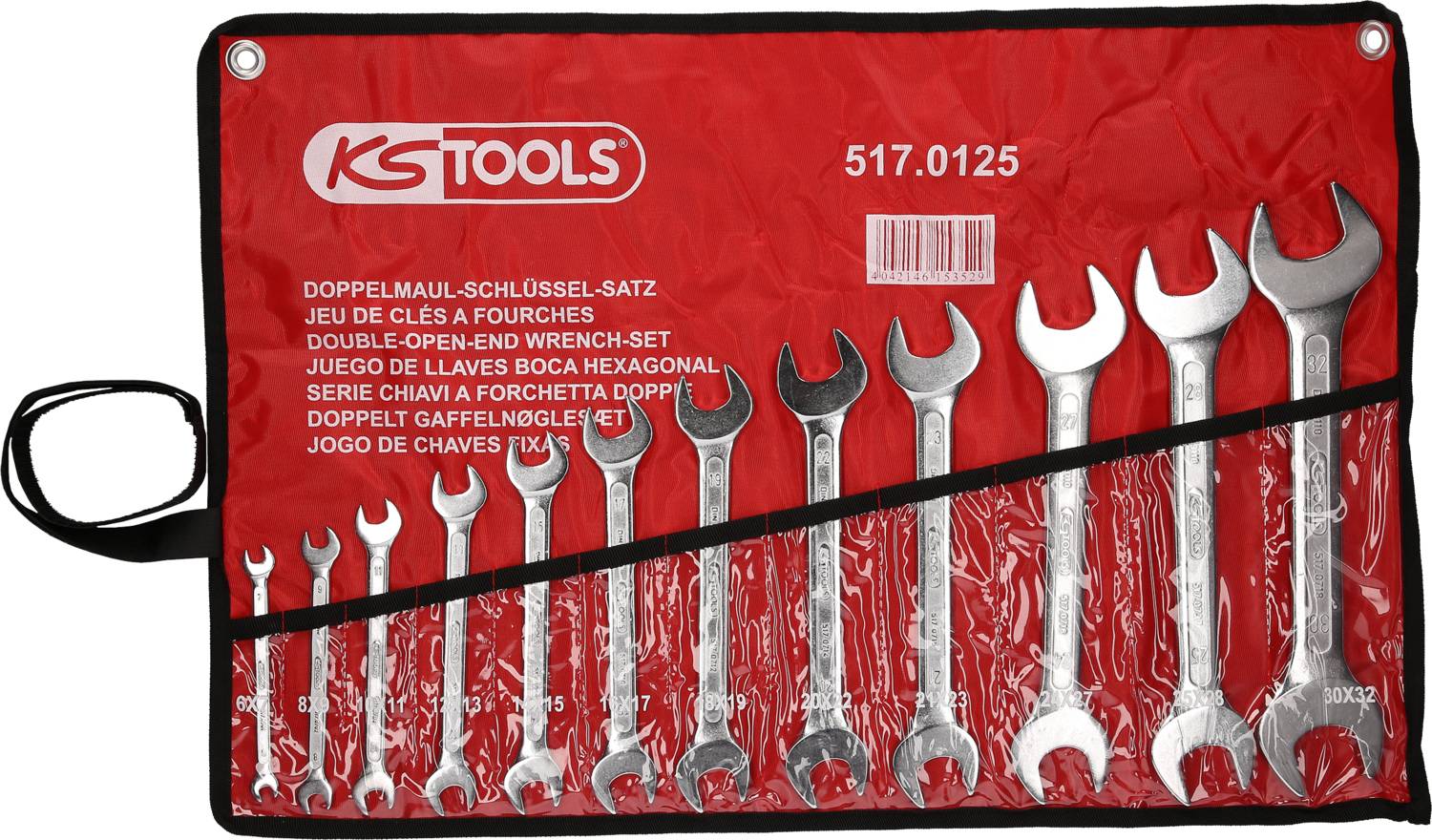 Roter Werkzeugsatz mit elf Doppelmaulschlüsseln in verschiedenen Größen, in einer Kunststoffabdeckung mit dem Logo 'KS Tools'.