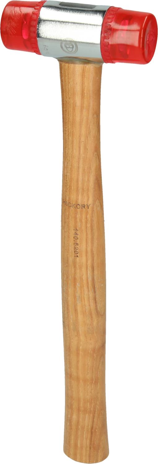 Ein Hammer mit Holzgriff und metallischem Kopf, ausgestattet mit roten Kunststoffenden.
