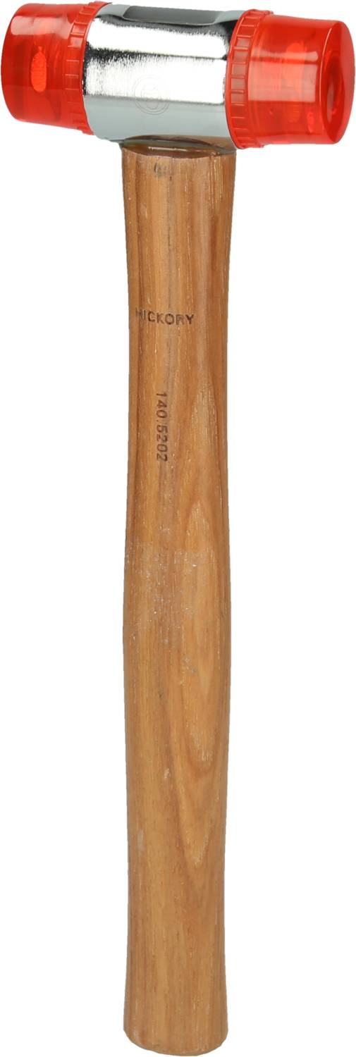 Ein Hammer mit einem Holzstiel und einem roten, gummierten Doppelschlagkopf. Geeignet für empfindliche Oberflächen.
