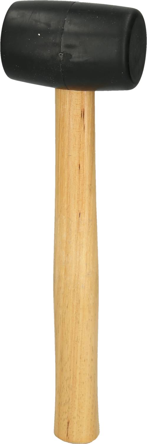 Ein Gummihammer mit einem schwarzen Kopf und einem Holzgriff, vertikal ausgerichtet.