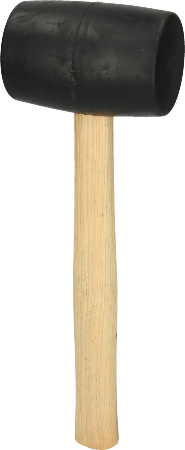 Schwarzer Gummihammer mit Holzgriff, abgebildet auf weißem Hintergrund.
