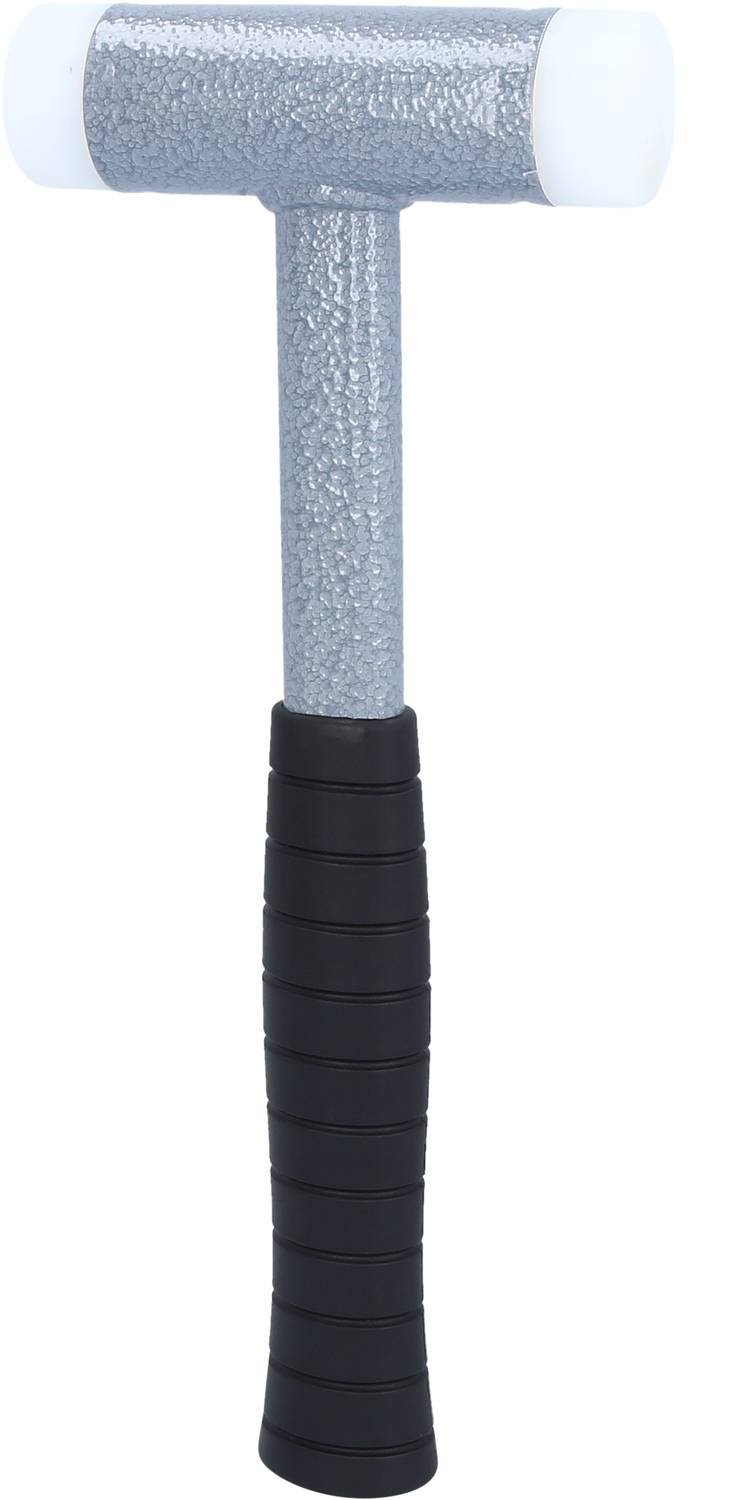 Ein Gummihammer mit einem grauen, metallischen Kopf und einem schwarzen, geriffelten Griff.