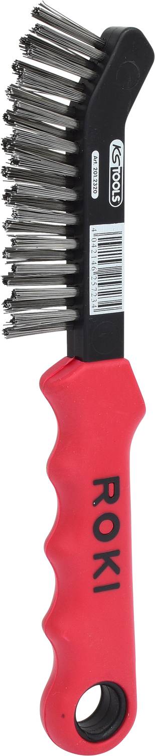 Drahtbürste mit rotem Griff, schwarzem Kopf und Metallborsten. Geeignet für Reinigung und Entfernen von Rost oder Farbe.