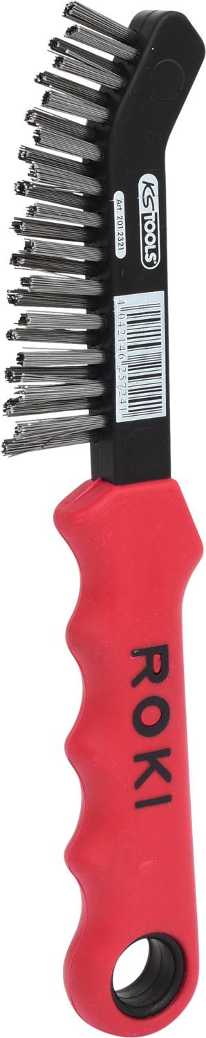 Drahtbürste mit rotem ergonomischem Griff und schwarzen Borsten. Geeignet zur Reinigung von Metalloberflächen oder hartnäckigem Schmutz.