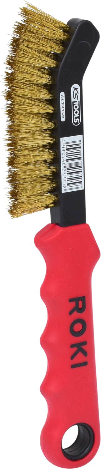 Eine Drahtbürste mit rotem, gummiertem Griff. Bürstenkopf aus Messingdraht. Geeignet für Reinigungsaufgaben.