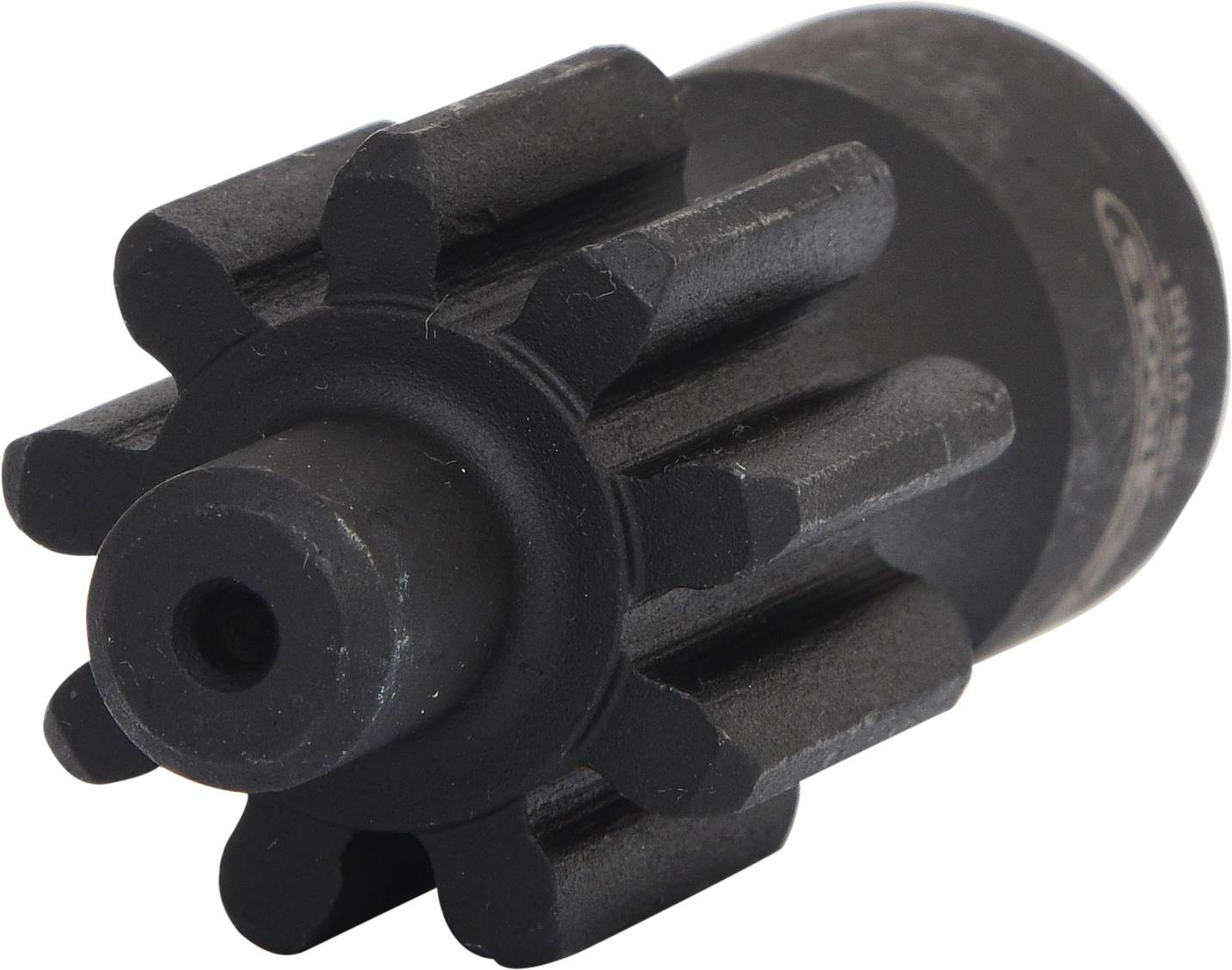 Ein schwarzes mechanisches Bauteil mit zahnradähnlichen Strukturen, möglicherweise ein Teil eines Antriebs- oder Getriebesystems.