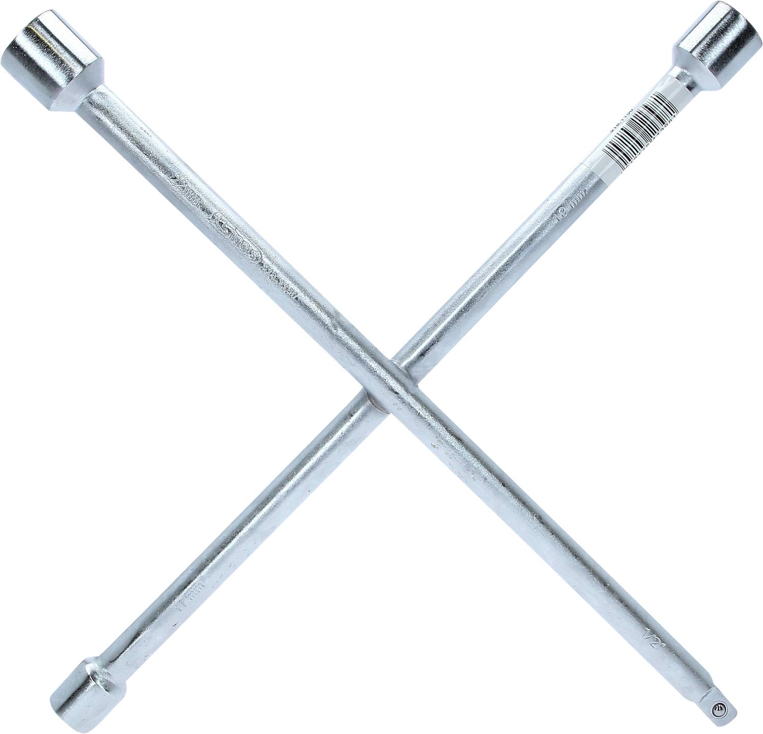 Ein silberner Radkreuzschlüssel aus Metall, typisches Werkzeug zur Montage oder Demontage von Autorädern.