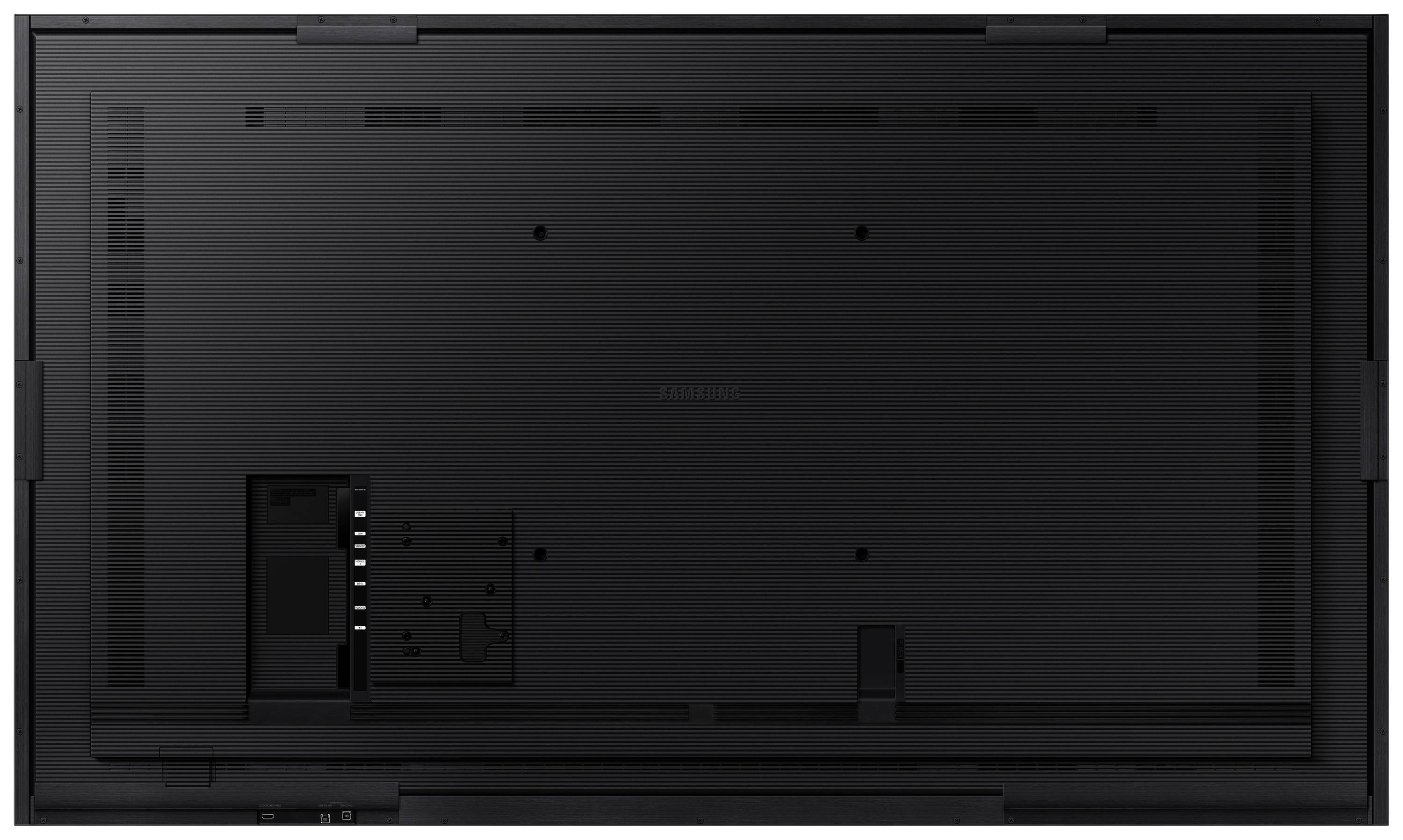 Rückseite eines schwarzen Flachbildschirms. Steckplätze und Montagemöglichkeiten sind auf der linken Seite sichtbar.
