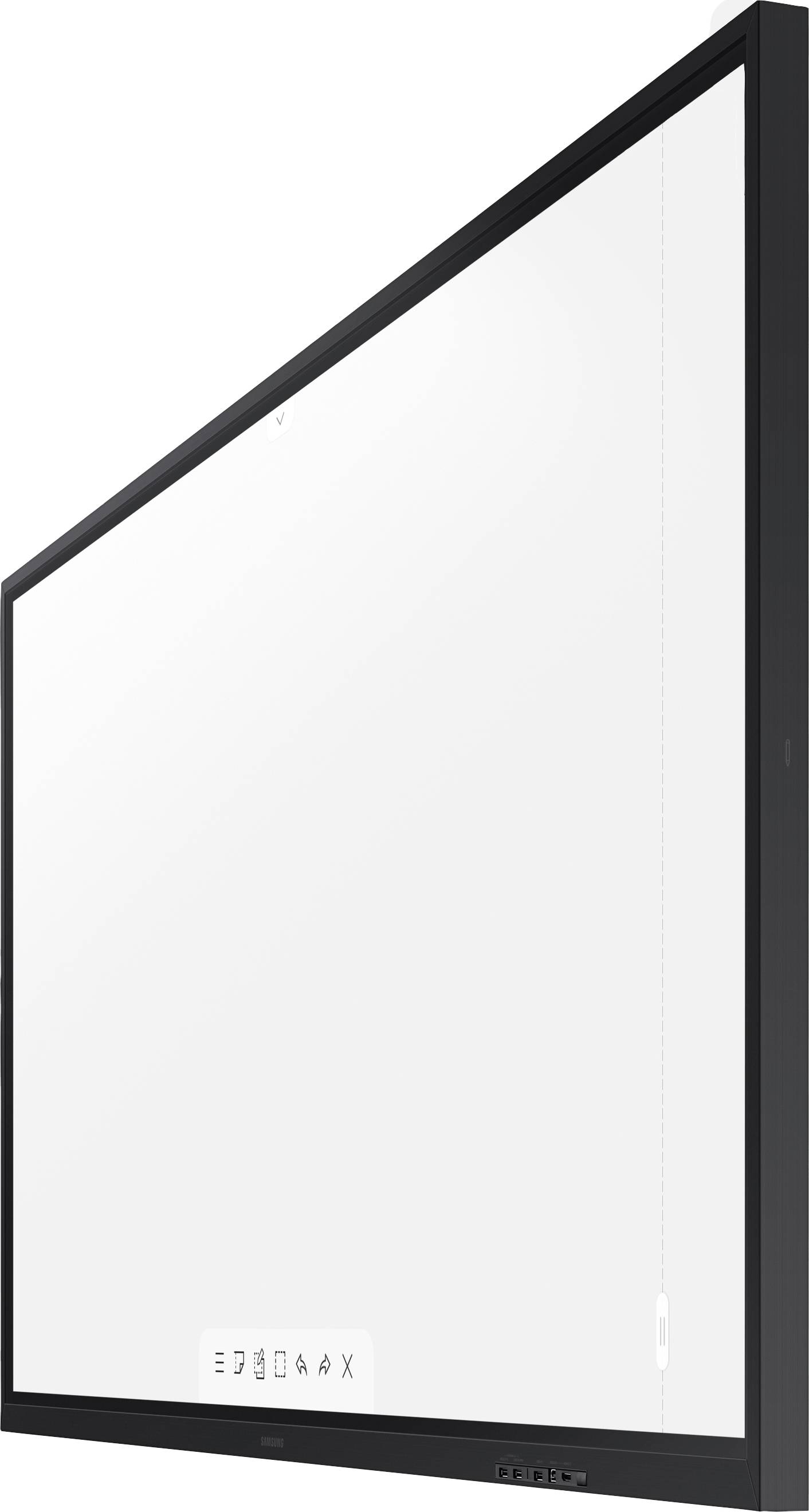 Interaktives Whiteboard mit schwarzem Rahmen, dargestellt in einer seitlichen Ansicht; für Präsentationen in Schul- oder Konferenzräumen geeignet.