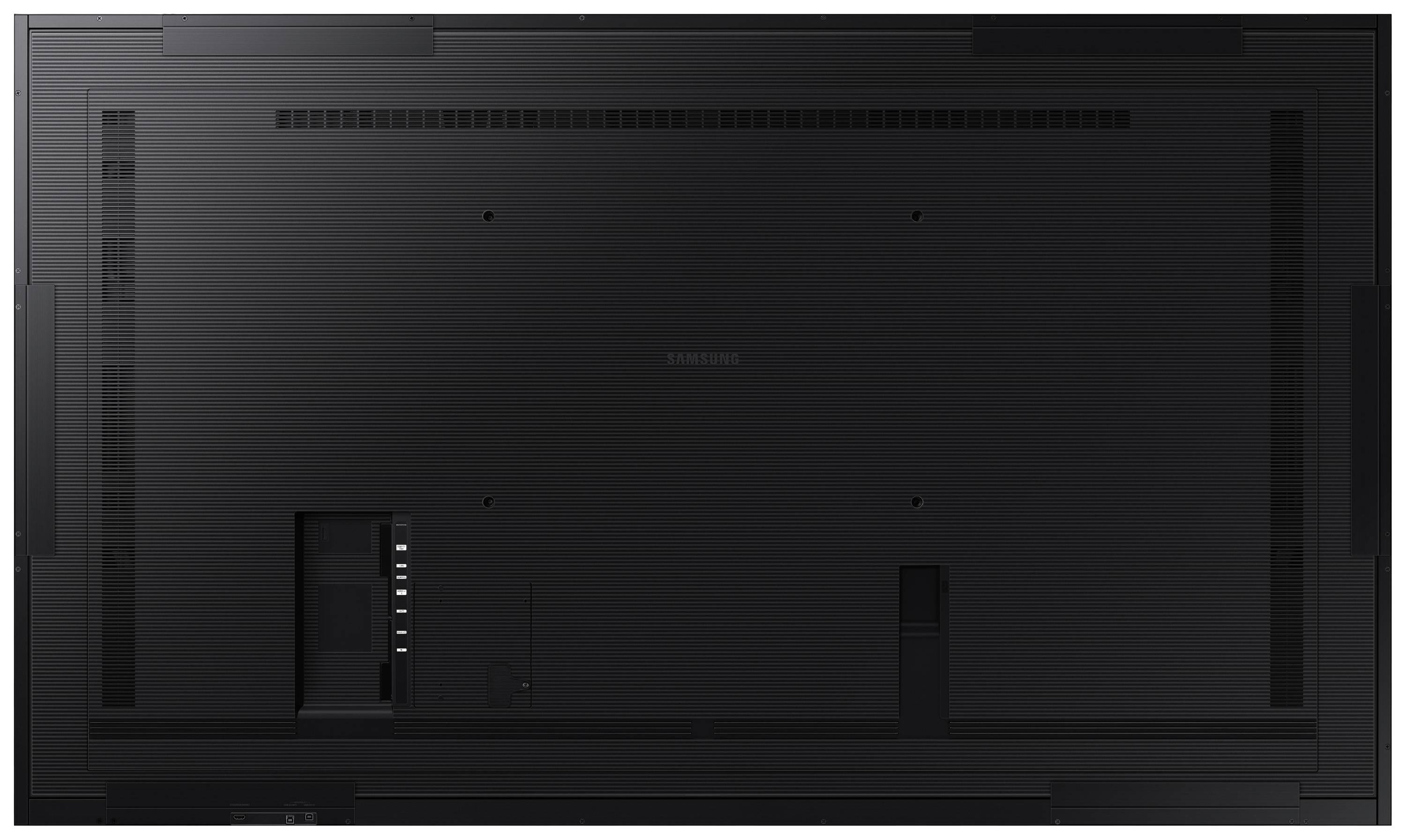 Rückseite eines großen Flachbildfernsehers mit mehreren Anschlüssen und Öffnungen für Lüftung.