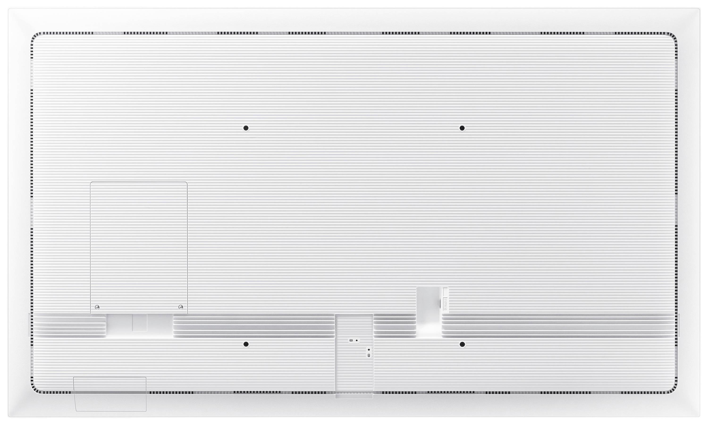 Rückseite eines weißen elektronischen Geräts mit Lüftungsschlitzen und Öffnungen für Anschlüsse. Keine weiteren Details sichtbar.