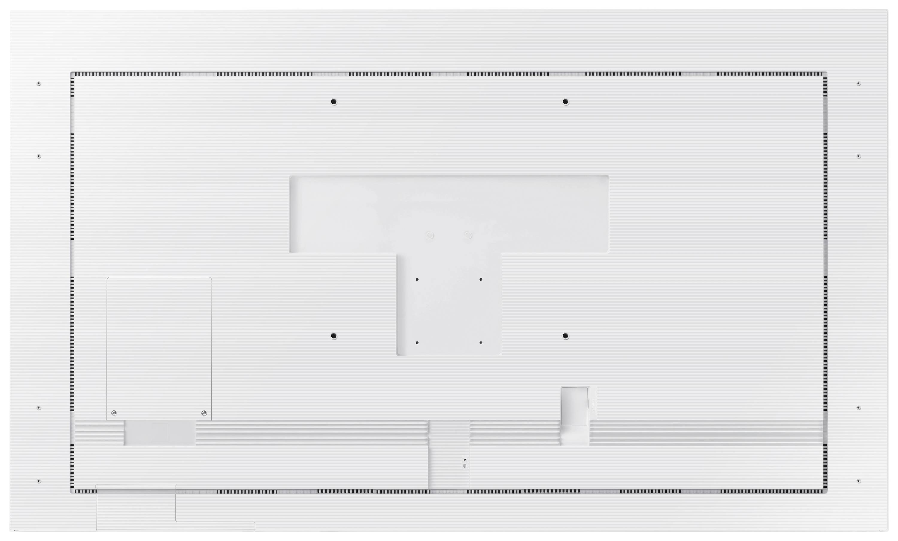 Rückansicht eines elektronischen Geräts mit zentralem rechteckigem Ausschnitt und mehreren Schraubenlöchern, auf weißem Hintergrund.
