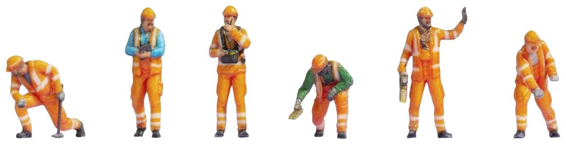 Sechs Miniaturfiguren in bunten Bauarbeiteruniformen: Drei stehen, drei knien oder bücken sich, jeweils mit Werkzeugen in den Händen.