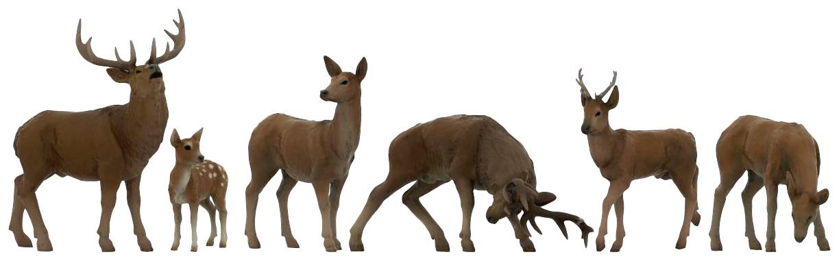 Sechs plastische Hirschfiguren in unterschiedlichen Haltungen: ein ausgewachsener Hirsch mit Geweih, zwei Rehe, ein Kitz und zwei jüngere Hirsche.