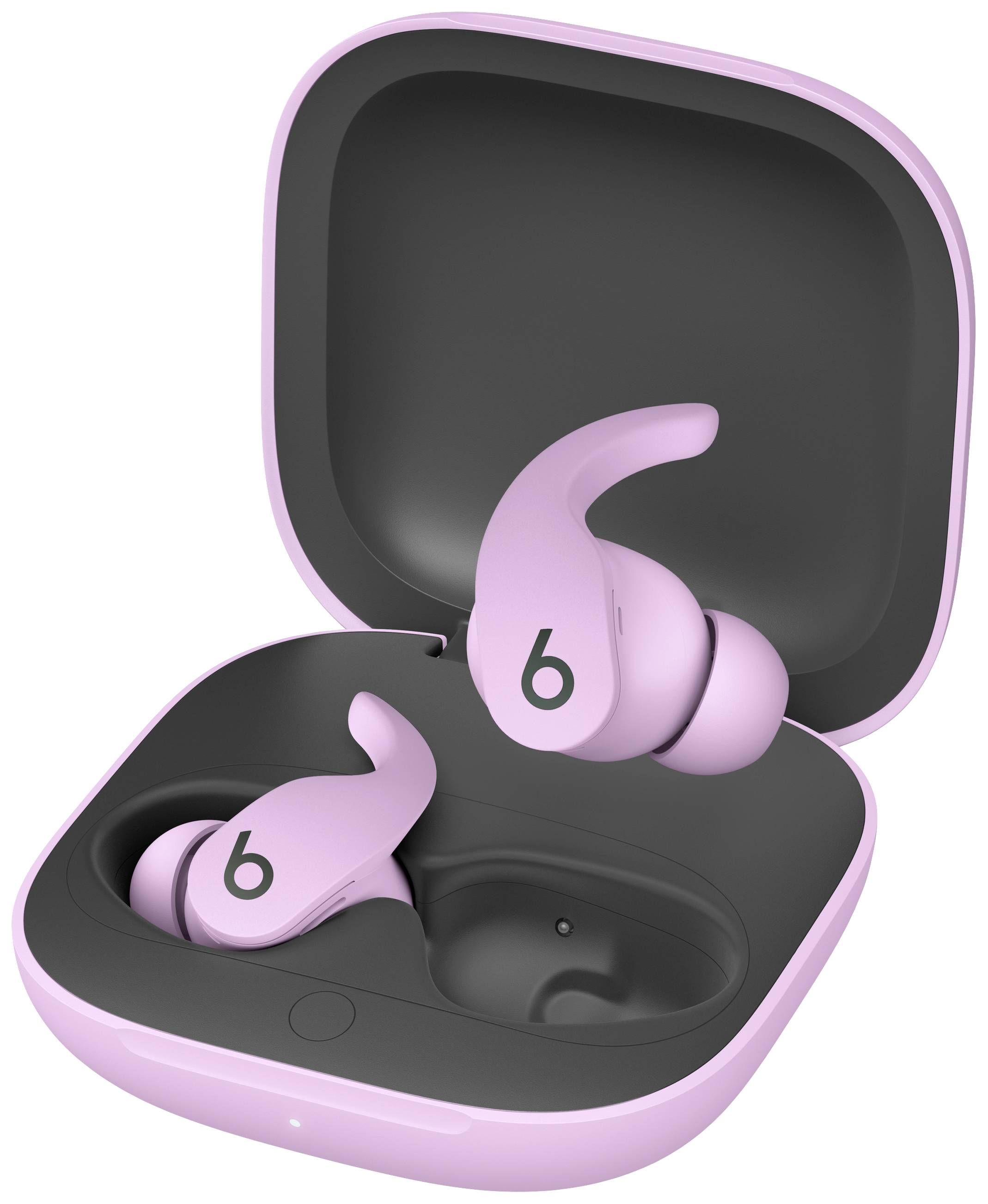 Kabellose rosa In-Ear-Kopfhörer mit Haken in einem offenen Ladeetui.