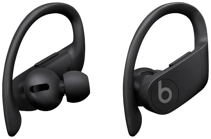 Schwarze kabellose In-Ear-Kopfhörer mit Ohrbügeln, die sicher an den Ohren befestigt sind. Sie sind für sportliche Aktivitäten geeignet.