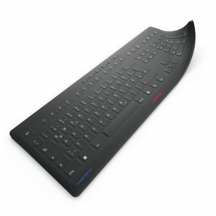 Ein geschwungenes, flexibles schwarzes Keyboard mit blau unterlegtem Enter-Button und roten Tasten. Modernes Design, leicht gebogen.