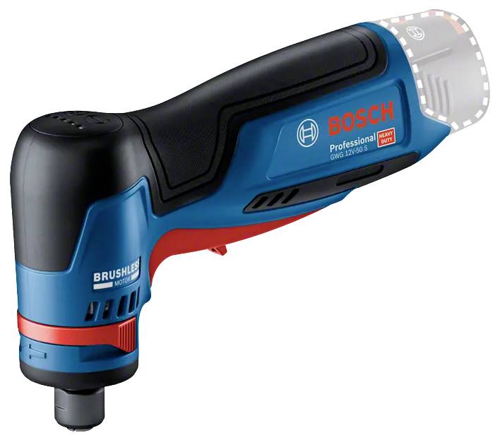 Bosch-Akku-Winkelbohrer mit schwarzem und blauem Gehäuse, gezeigt auf weißem Hintergrund mit transparenter Bohrfuterschutzvorrichtung an der Vorderseite.