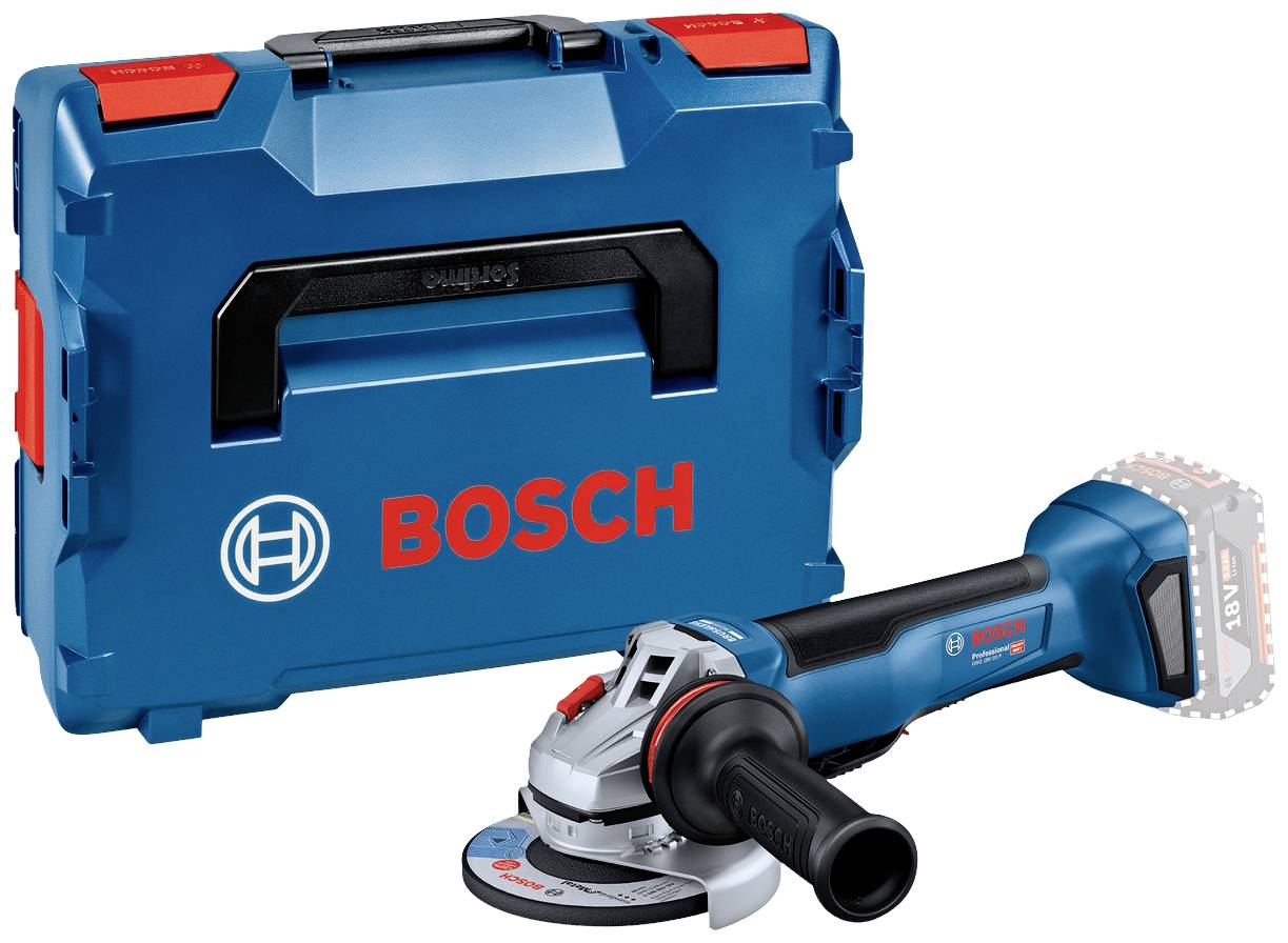 Ein blauer Bosch-Winkelschleifer liegt vor einem passenden blauen Transportkoffer. Beide sind mit dem Bosch-Logo versehen.