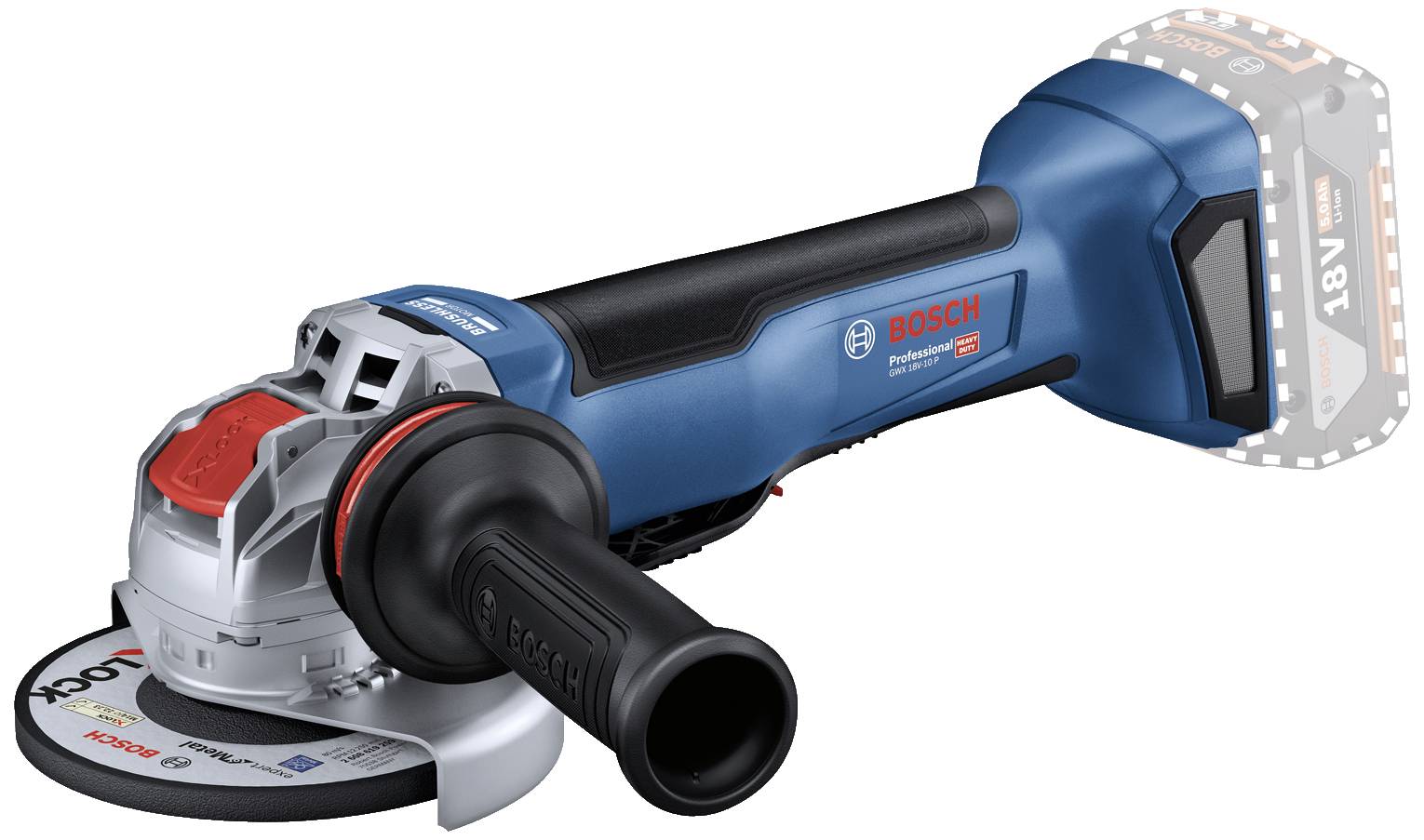 Akkubetriebener Winkelschleifer von Bosch, Modell 'Professional', mit rot-schwarzem Griff, blauem Gehäuse und Schleifscheibe.