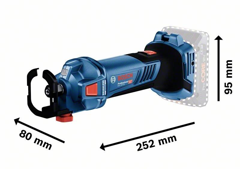 Bild einer Bosch Akku-Säbelsäge. Maße: 252 mm lang, 80 mm breit, 95 mm hoch. Sägeblatt und Schutz sind sichtbar.