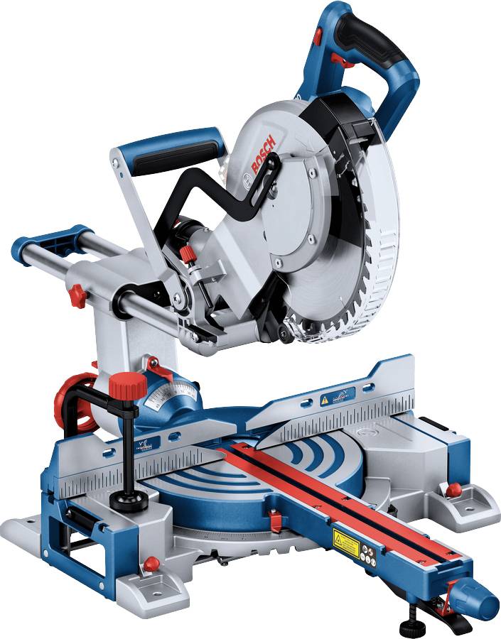 Elektro-Kappsäge mit blau-rotem Design, geeignet zum präzisen Schneiden von Holz. Verfügt über Laserführung und ein verstellbares Kufensystem.