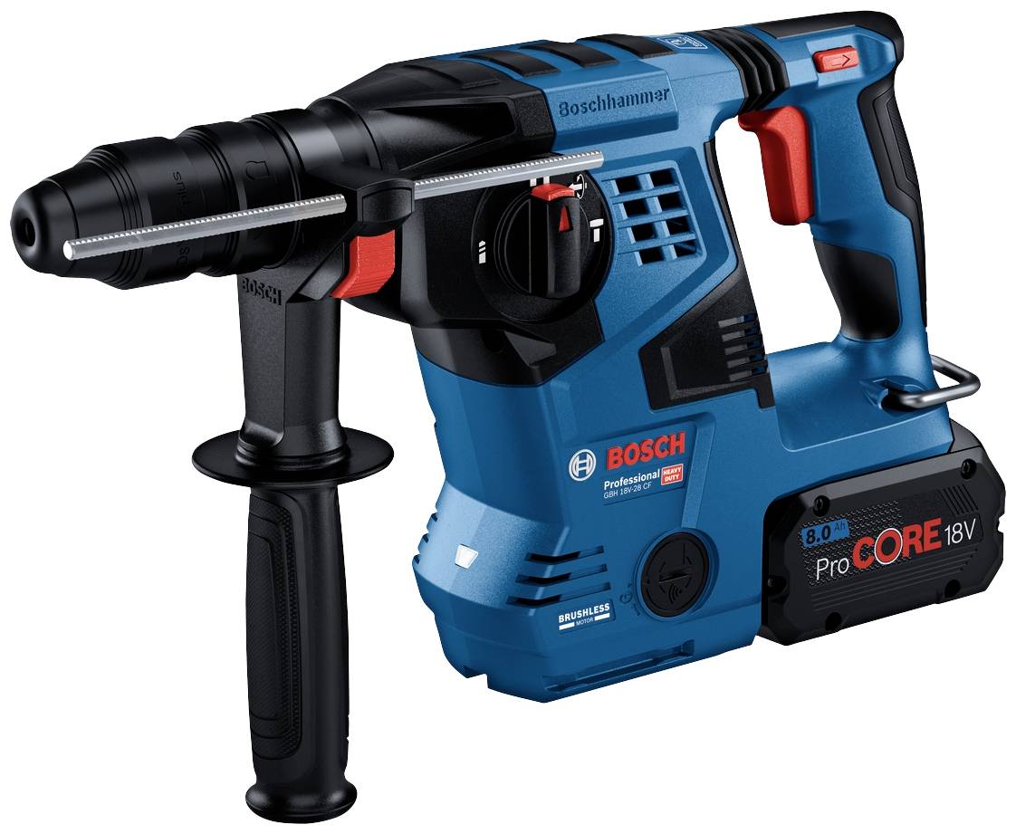 Ein blauer, kabelloser Bohrhammer mit schwarzem Griff und rotem Schalter. Markierung 'Bosch Professional', geeignet für schwere Arbeiten.