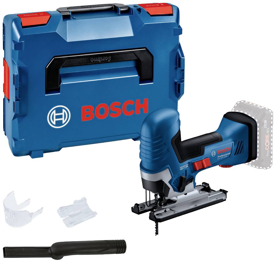 Stichsäge mit Akku und Ladegerät neben robustem Koffer. Markenlogo 'Bosch' auf beiden. Zubehörteile zur Staubabsaugung darunter.