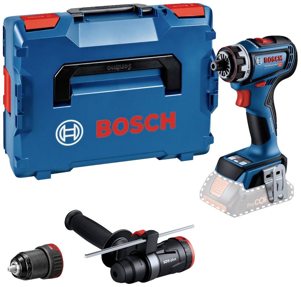 Akkubohrschrauber-Set mit Koffer, blauem Bosch-Logo, Wechselaufsätzen und Griff. Geeignet für handwerkliche Arbeiten.