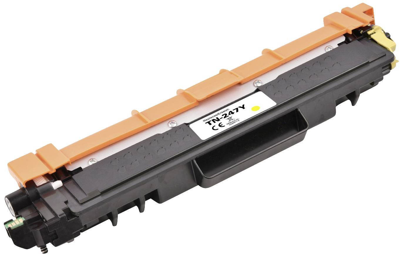 Ein Druckertoner in Schwarz und Orange. Modell 'TN-247Y'. Geeignet für Farblaserdrucker.
