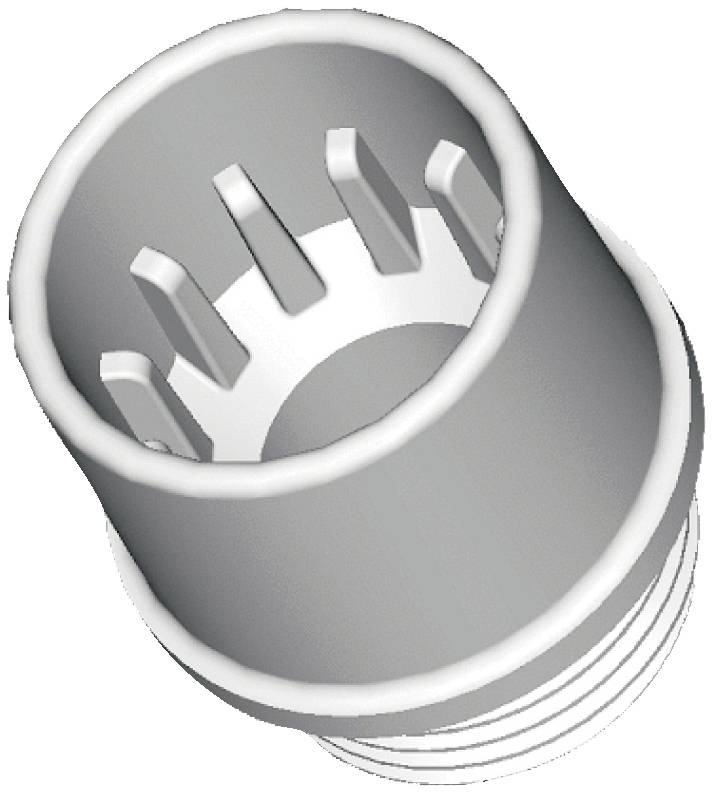 Abbildung eines zylindrischen, gerippten Metallteils mit innenliegenden Einkerbungen, möglicherweise Teil einer Maschine oder eines Werkzeugs.