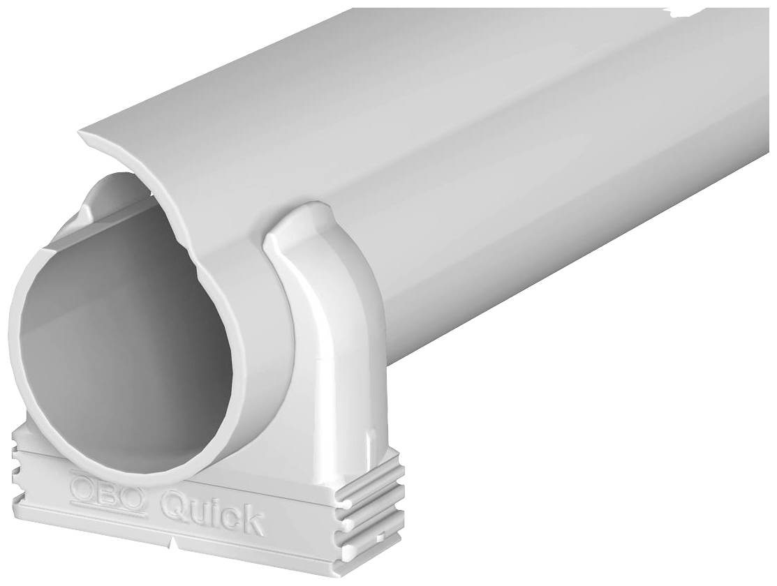 Ein weißes Kunststoff-Kabelkanalstück mit ovalem Querschnitt, an einem Halter befestigt. Geeignet zur geordneten Führung von Kabeln.