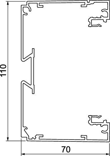 Querschnitt eines Aluminiumprofils mit vertikalen und horizontalen Maßen: 110 mm Höhe und 70 mm Breite.
