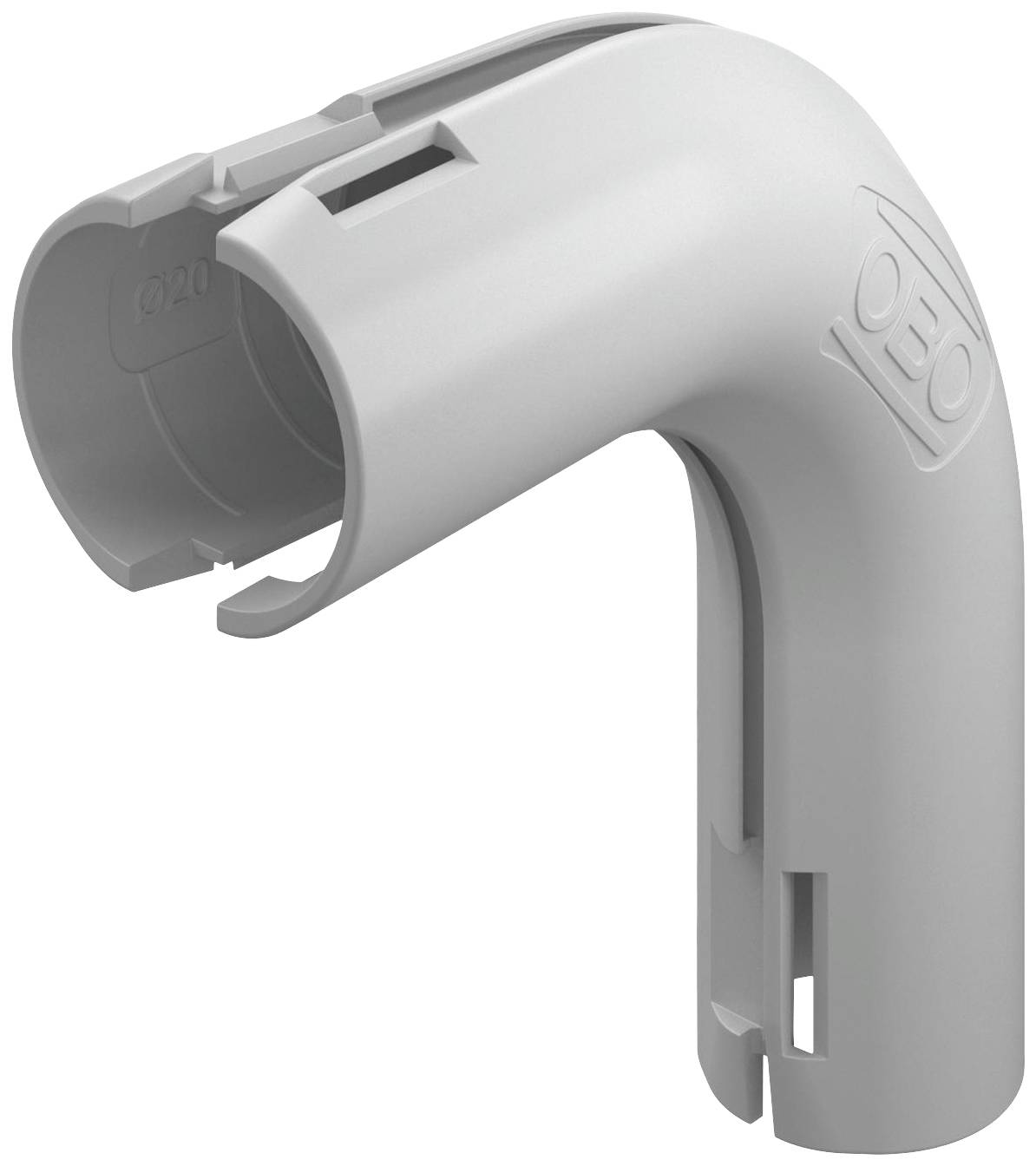 Graues, abgewinkeltes Kunststoffrohr mit seitlich offenem Deckel und dem Markenlogo 'OBO', geeignet für Kabelmanagement.