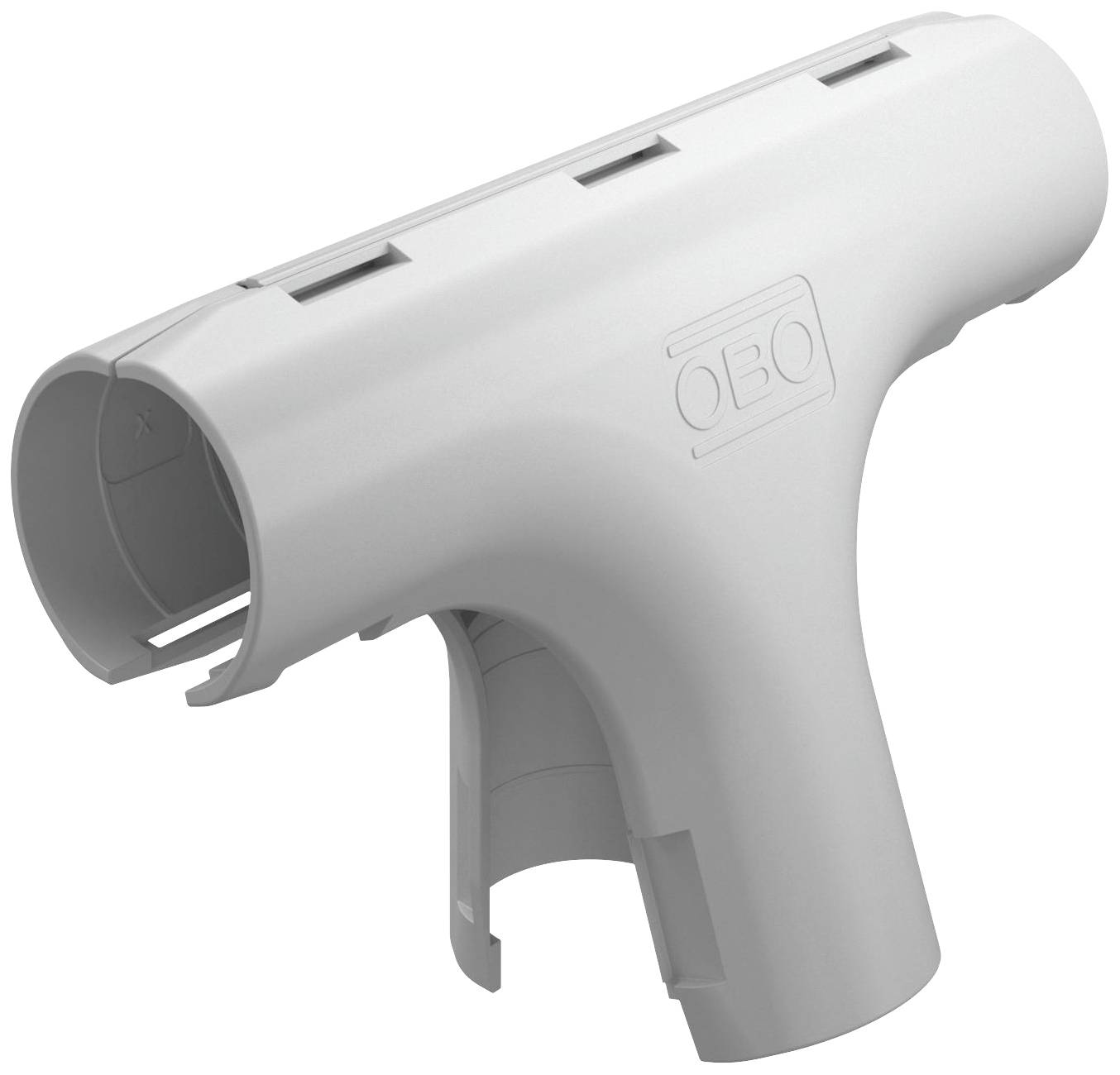 Ein graues T-förmiges Verbindungsstück für Kabelkanäle mit dem Logo 'OBO', das für den Einsatz in elektrischen Installationen geeignet ist.