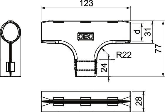 Technische Zeichnung eines T-förmigen Rohrverbinders mit Maßangaben: Länge 123, Breite 77, Höhe 28, inklusive Radius R22.