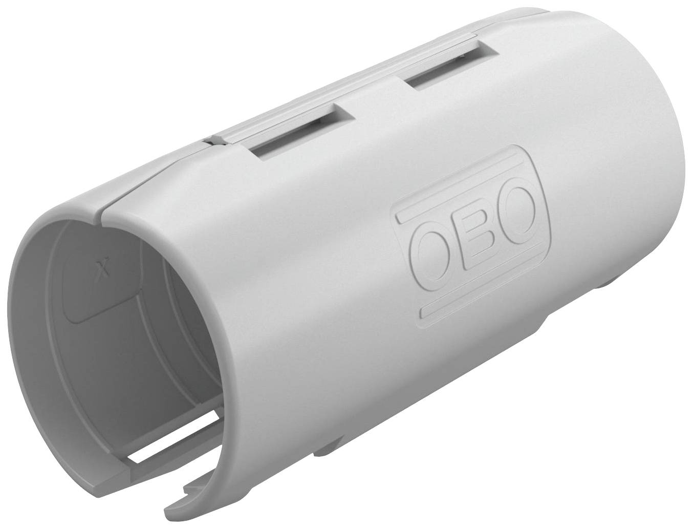 Ein grauer Kunststoffverbinder mit dem Aufdruck 'OBO', geeignet zur Verbindung von Kabeln oder Rohren in elektrotechnischen Installationen.