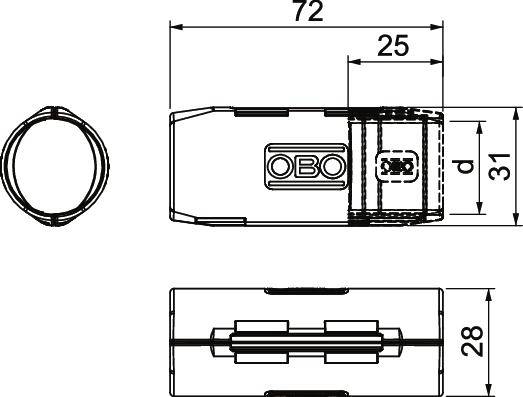 Technische Zeichnung eines Elektroinstallationsverschlusses mit Bemaßungen: Länge 72 mm, Breite 31 mm, Höhe 28 mm, Markenlogo 'OBO'.