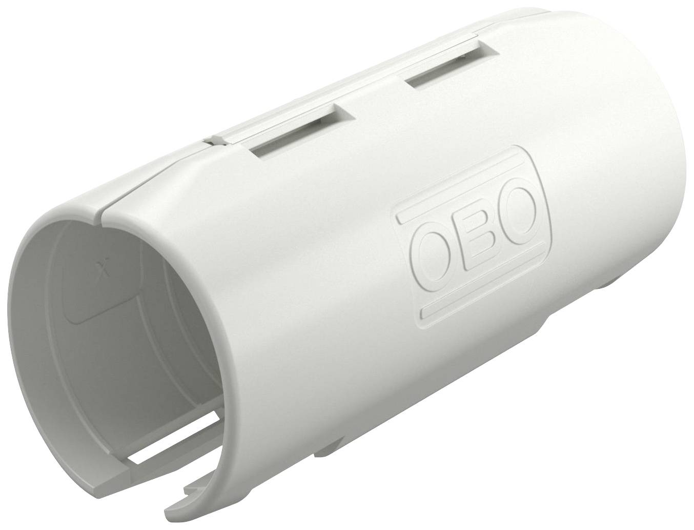 Ein weißer Kunststoffverbinder für Kabel mit der Aufschrift 'OBO'. Er hat eine zylindrische Form und seitliche Schlitze.