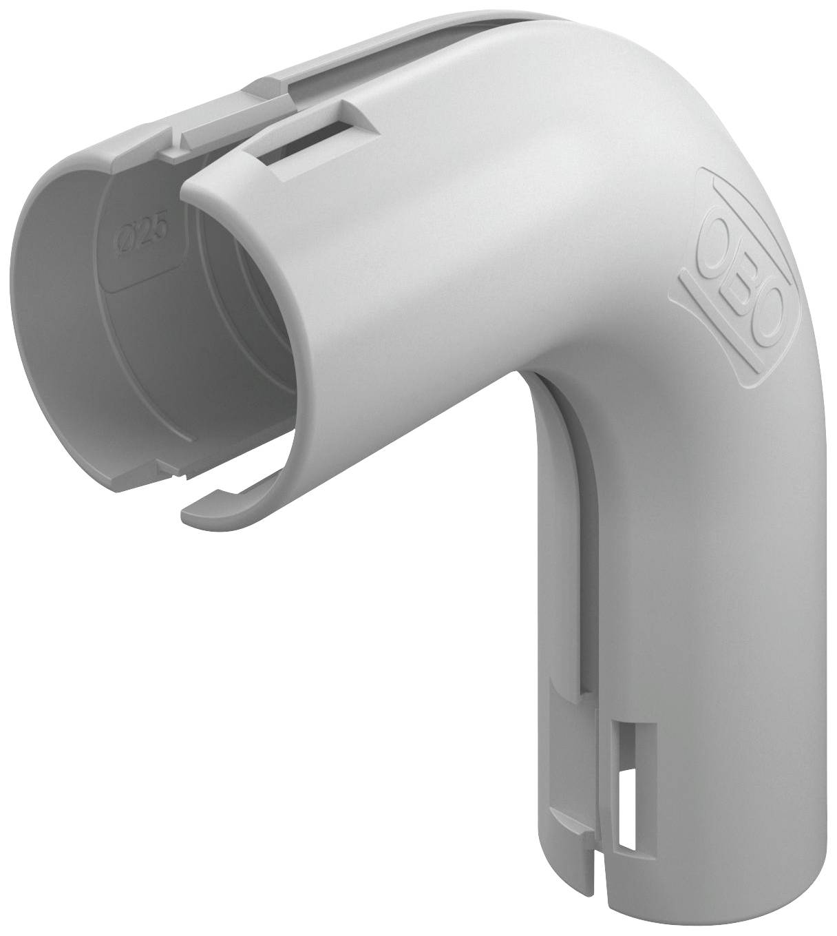 Ein grauer Kunststoffwinkel für Kabelmanagement, geeignet für die Verbindung von Kabelkanälen in 90-Grad-Richtung.